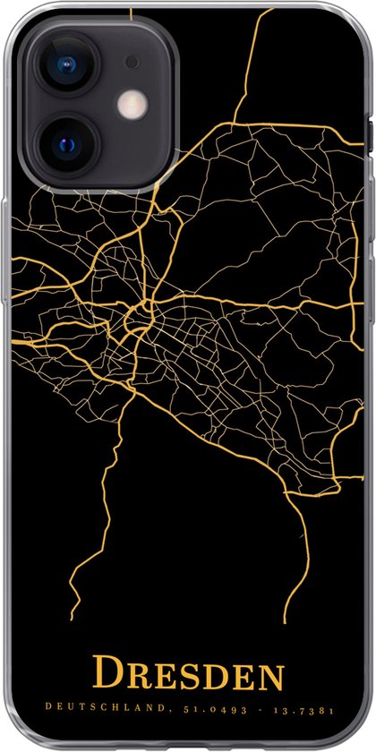 Geschikt voor iPhone 12 hoesje - Dresden - Kaart - Goud - Siliconen Telefoonhoesje