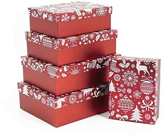 Kerstdoosjes Set van 5 in Rood en Wit voor Geschenken - Verschillende Maten