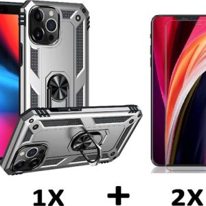Apple iPhone 13 Hoesje & 2 Stuks Glazen Screenprotector – Anti-Shock Hybrid Armor met Kickstand Ring
