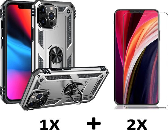 Apple iPhone 13 Hoesje & 2 Stuks Glazen Screenprotector - Anti-Shock Hybrid Armor met Kickstand Ring