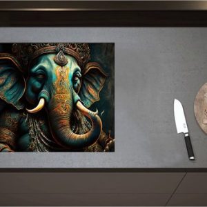 Inductieplaat Beschermer – Blauw Ganesha Beeld met Gouden Details – 57×51 cm – 2 mm Dik – Inductie Beschermer – Bescherming Inductiekookplaat – Kookplaat Beschermer van Wit Vinyl
