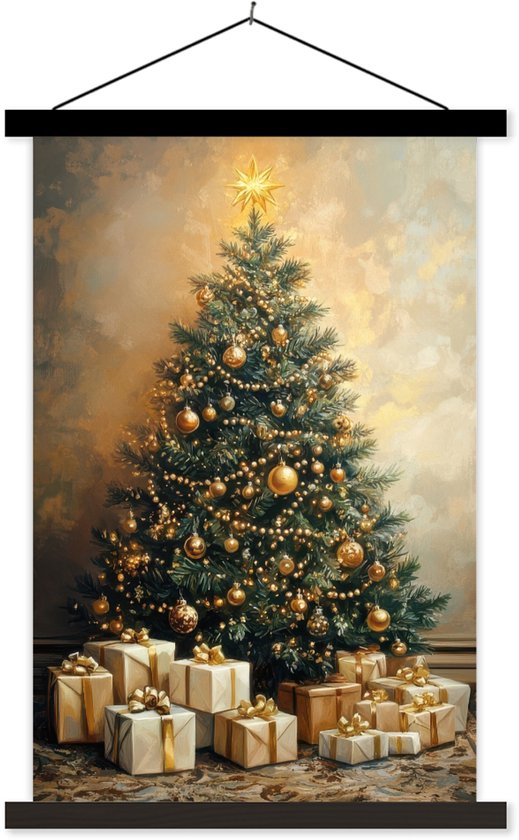 Posterhanger incl. Poster 60x90 cm - Schoolplaat - Kerstboom - Cadeaus - Goud - Textielposter - Zwarte latten