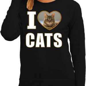 I love cats trui met dieren foto van een bruine kat zwart voor dames – cadeau sweater katten liefhebber XL
