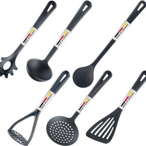 Westmark Set van 6 keukenhulpjes, bakspatel, roerlepel, schuimspaan, spaghettilepel, soeplepel, aardappelstamper, kunststof, Gentle, zwart, 283522E6 Westmark Set van 6 keukenhulpjes, bakspatel, roerlepel, schuimspaan, spaghettilepel, soeplepel, aardappelstamper, kunststof, Gentle, zwart, 283522E6