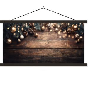 Posterhanger incl. Poster 150×75 cm – Schoolplaat – Kerstdecoratie – Houten – Dennenappel – Bruin – Textielposter – Zwarte latten Posterhanger incl. Poster 150×75 cm – Schoolplaat – Kerstdecoratie – Houten – Dennenappel – Bruin – Textielposter – Zwarte latten