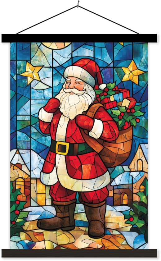 Posterhanger incl. Poster 40x60 cm - Schoolplaat - Kerstman - Glas - Kleurrijk - Textielposter - Zwarte latten