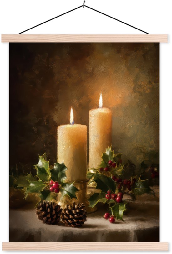 Posterhanger incl. Poster 40x53 cm - Schoolplaat - Kaarslicht - Kerst - Veelkleurig - Textielposter - Blanke latten
