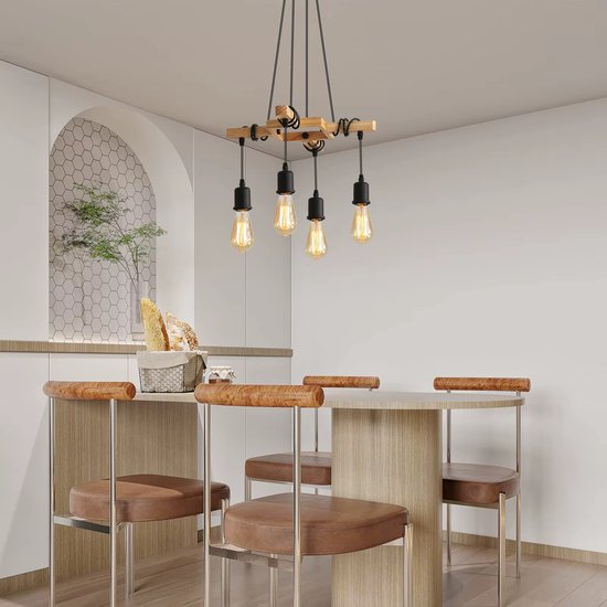 Industriële Hanglamp – 4-Lichts – Zwart Metaal met Hout – E27 Fitting – Verstelbare Snoeren – Vintage Plafondlamp