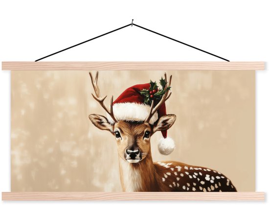 Posterhanger incl. Poster 90x45 cm - Schoolplaat - Kerst - Hert - Gewei - Rood - Textielposter - Blanke latten
