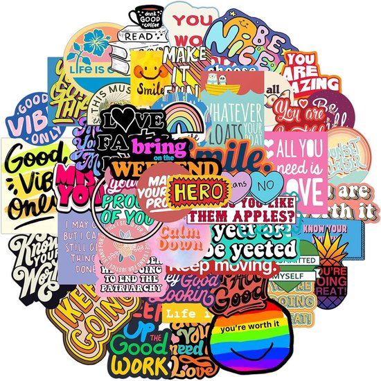 Inspiratie teksten – Inspiratie Teksten Stickers 50 Stuks – Stickers Voor Kinderen en Volwassenen – Muurdecoratie – Stickervellen – Laptop – Koffer Stickers – Camper Stickers