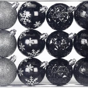 Kerstballen Kunststof 6cm 12-delige Set Zwart Anthraciet Sneeuwvlokken Glitter Kerstballen Kunststof 6cm 12-delige Set Zwart Anthraciet Sneeuwvlokken Glitter