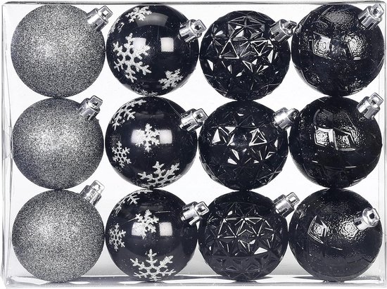 Kerstballen Kunststof 6cm 12-delige Set Zwart Anthraciet Sneeuwvlokken Glitter