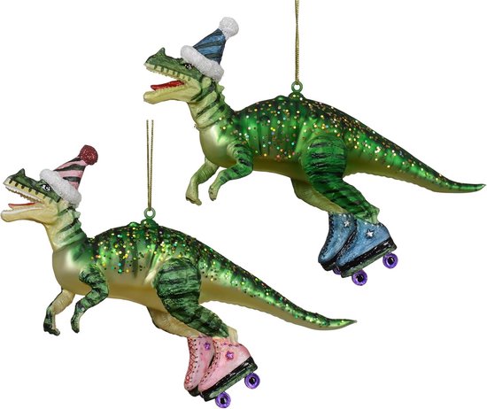 Kerstbal dinosaurus 13,4 cm glas groen - kerstboomhanger dino rolschaatsen