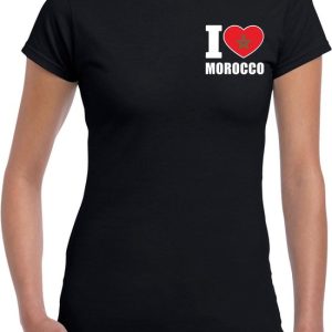 I love Morocco t-shirt zwart op borst voor dames – Marokko landen shirt – supporter kleding I love Morocco t-shirt zwart op borst voor dames – Marokko landen shirt – supporter kleding