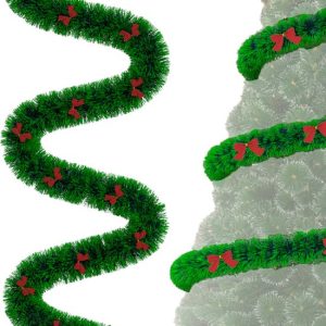Kerstslinger met Strik – Donkergroen met Groene Rand & Rode Strikken – 15m – Kerstboom Decoratie – Deur & Trap Versiering – Herbruikbare Tannengirlande Kerstgroen Tannengirlande voor Trap, Ramen, Deuren