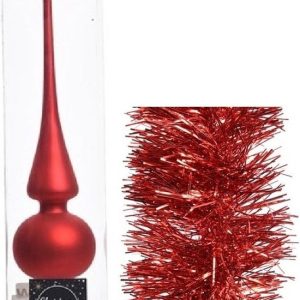 Kerstversiering glazen piek mat 26 cm en folieslingers pakket rood van 3x stuks – Kerstboomversiering