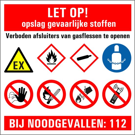 Let op opslag gevaarlijke stoffen sticker 400 x 400 mm
