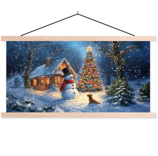 Posterhanger incl. Poster 150x75 cm - Schoolplaat - Kerstwonder - Winteravond - Kleurrijk - Textielposter - Blanke latten